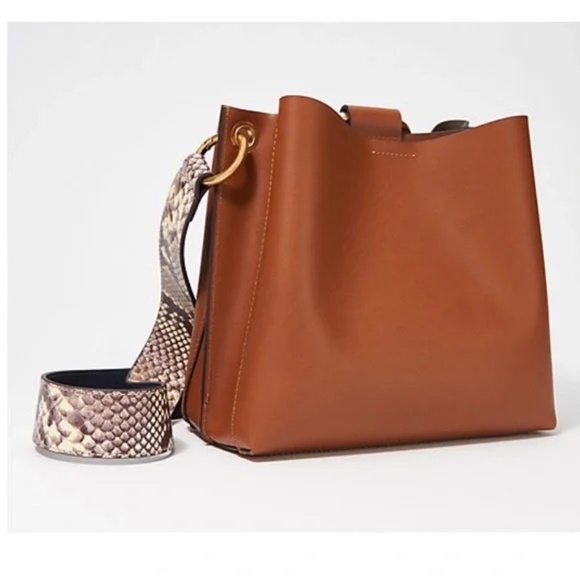 Thacker Brown Leather Bucket Bag with Snake Print Shoulder Strap - Picture 5 of 10